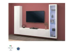 Clearance Dmora Sitema de parede Dekda, conjunto de ala de TV com 3 porta, móvei de ala multiuo com vitrine e luz LED, 100% Fabricado na Itália, 260x30h180 cm, brilhante Branco