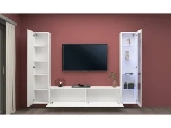 Clearance Dmora Sitema de parede Dekda, conjunto de ala de TV com 3 porta, móvei de ala multiuo com vitrine e luz LED, 100% Fabricado na Itália, 260x30h180 cm, brilhante Branco