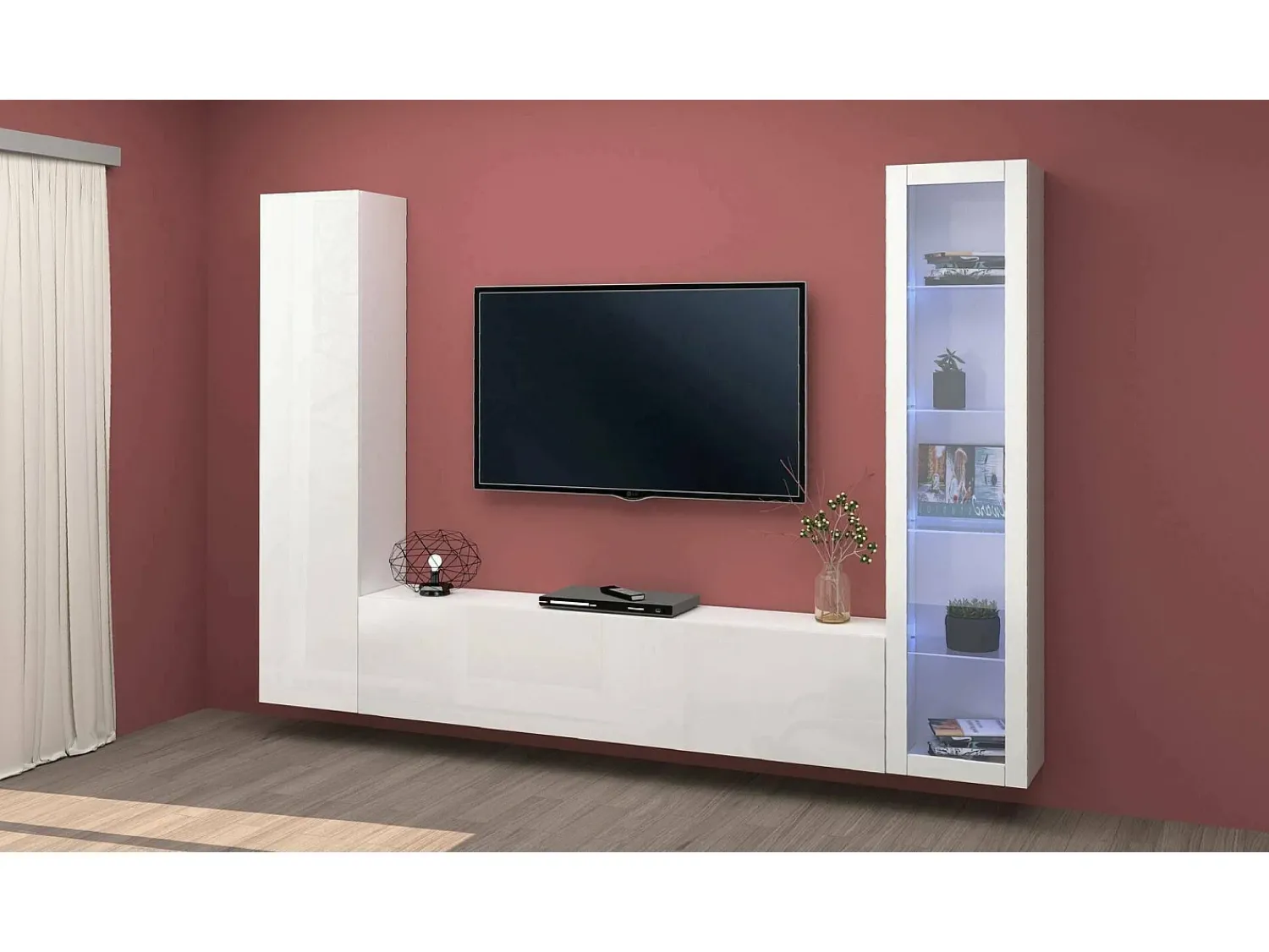 Clearance Dmora Sitema de parede Dekda, conjunto de ala de TV com 3 porta, móvei de ala multiuo com vitrine e luz LED, 100% Fabricado na Itália, 260x30h180 cm, brilhante Branco