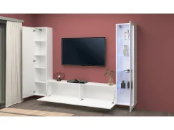 Clearance Dmora Sitema de parede Dekda, conjunto de ala de TV com 3 porta, móvei de ala multiuo com vitrine e luz LED, 100% Fabricado na Itália, 260x30h180 cm, brilhante Branco