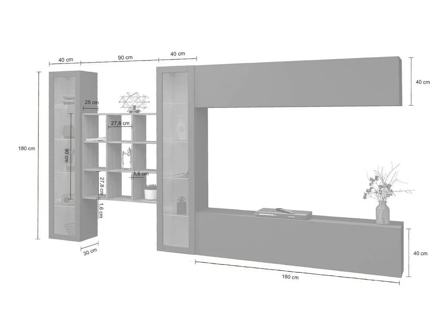 Móvel De Tv*Dmora Sitema de parede Dfancon, conjunto de ala de TV com 4 porta, móvei de ala multiuo com vitrine e luz LED, 100% Fabricado na Itália, 350x30h180 cm, brilhante Branco