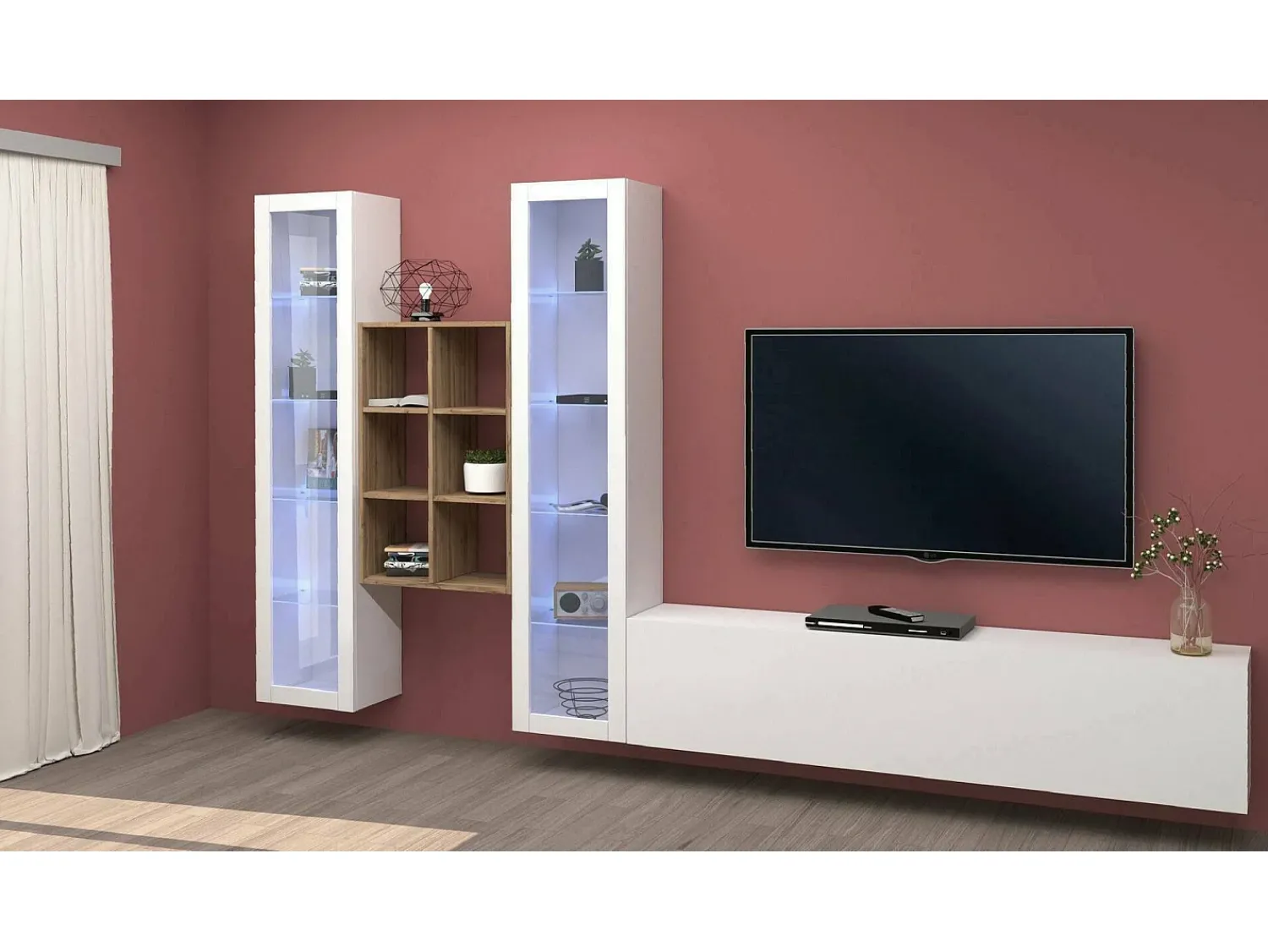 Móvel De Tv|Dmora Sitema de parede Ero, conjunto de ala de TV com 3 porta, mobiliário de ala multiuo com vitrine e luz LED, 100% Fabricado na Itália, 320x30h180 cm, brilhante Branco