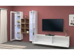 Móvel De Tv|Dmora Sitema de parede Ero, conjunto de ala de TV com 3 porta, mobiliário de ala multiuo com vitrine e luz LED, 100% Fabricado na Itália, 320x30h180 cm, brilhante Branco