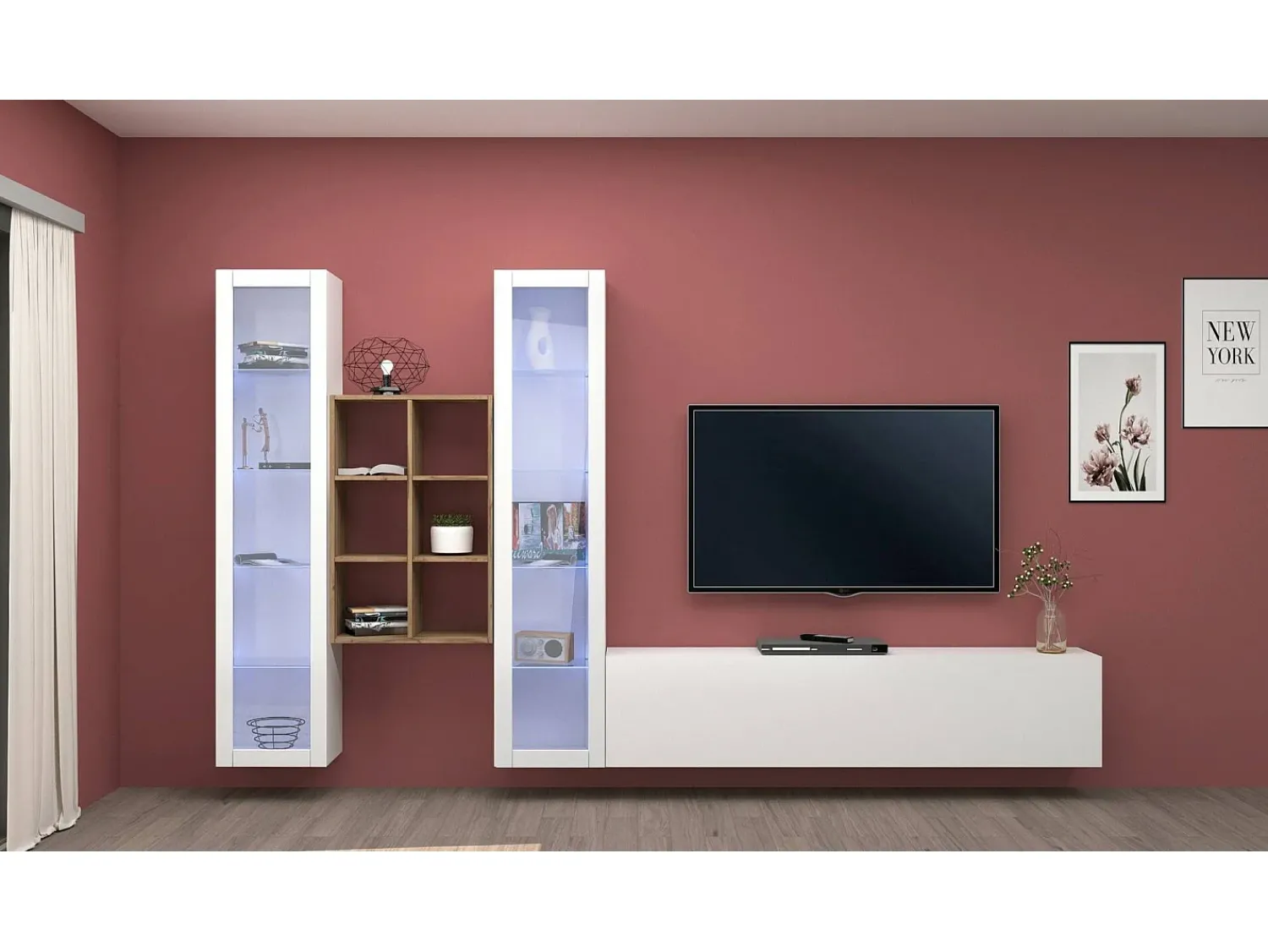 Móvel De Tv|Dmora Sitema de parede Ero, conjunto de ala de TV com 3 porta, mobiliário de ala multiuo com vitrine e luz LED, 100% Fabricado na Itália, 320x30h180 cm, brilhante Branco