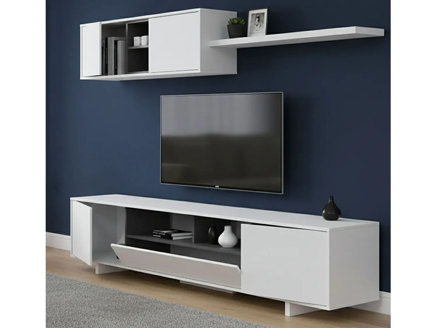 Móvel De Tv|Dmora Sitema de parede Hartford, móvel de ala de TV, compoição do conjunto de ala de etar, conjunto de ala de etar com móvel de parede, 200x41h46 cm, brilhante Branco