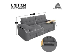 Sofá*ModernLuxe Sofá 3 lugares - con espaço de armazenamento - con apoio de cabeça e mesinha lateral integrada - cinza Cinzento