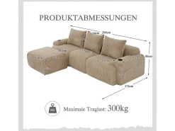 Sofá*DripeX Sofá 3 lugares canto modular veludo canelado, pufe, porta-copos e bolso, 268x174x80cm, Cáqui Caqui