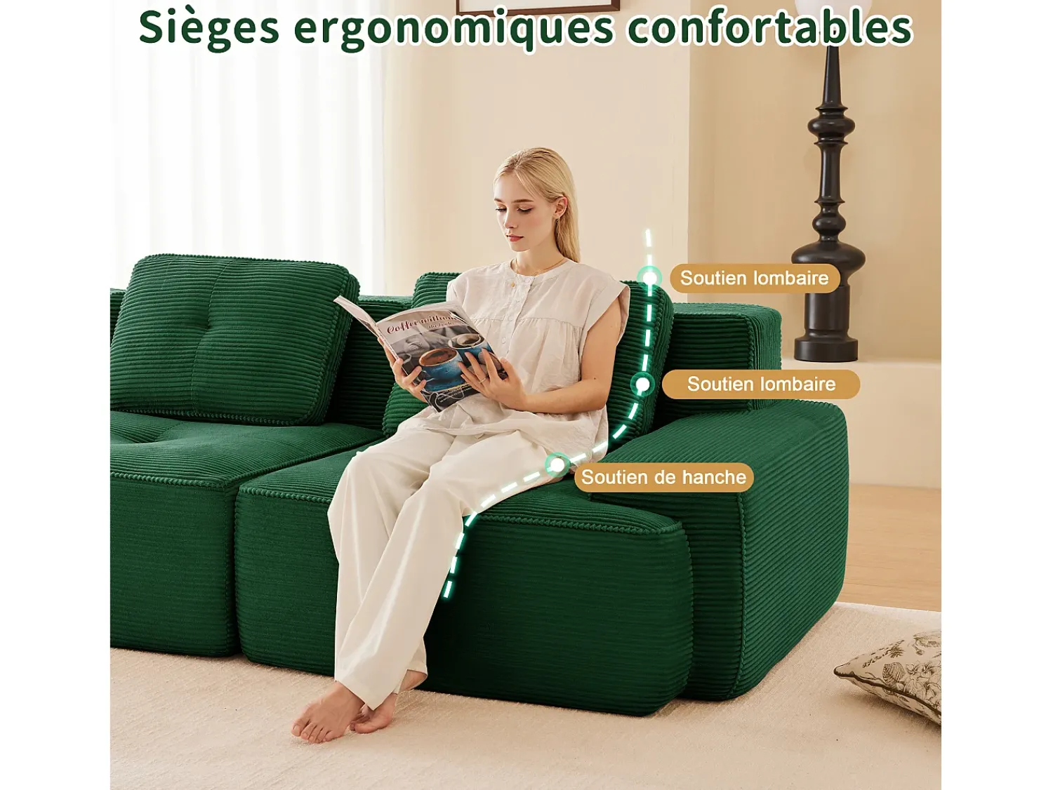 Online DripeX Sofá 4 lugares Canto Modular em Veludo cotelê, com 2 puffs e 4 almofadas, 382x177x69cm, Verde