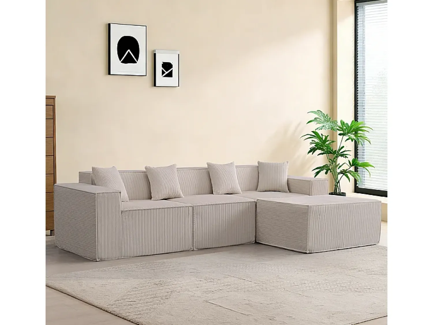Sofá*DripeX Sofá 3 lugares canto modular - Veludo canelado - pufe e 4 travesseiros - 277x165.5x65.5cm Bege