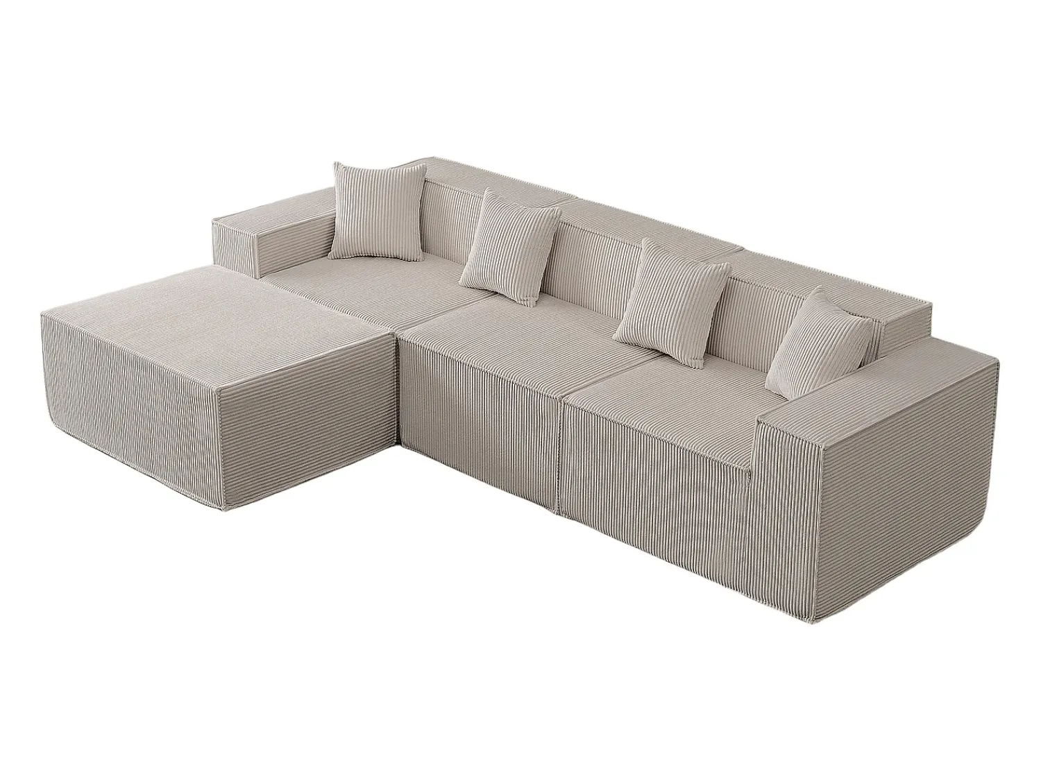 Sofá*DripeX Sofá 3 lugares canto modular - Veludo canelado - pufe e 4 travesseiros - 277x165.5x65.5cm Bege