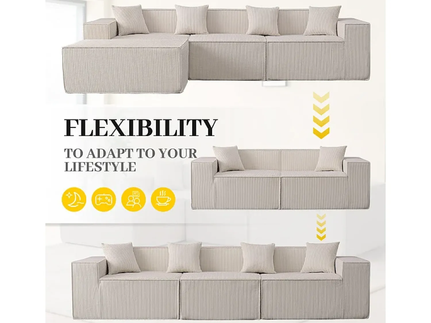 Sofá*DripeX Sofá 3 lugares canto modular - Veludo canelado - pufe e 4 travesseiros - 277x165.5x65.5cm Bege