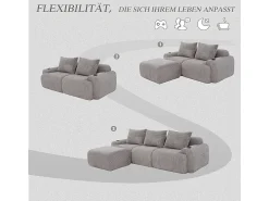 DripeX Sofá 3 lugares canto modular veludo canelado, pufe, porta-copos e bolso, 268x174x80cm,^ Sofá