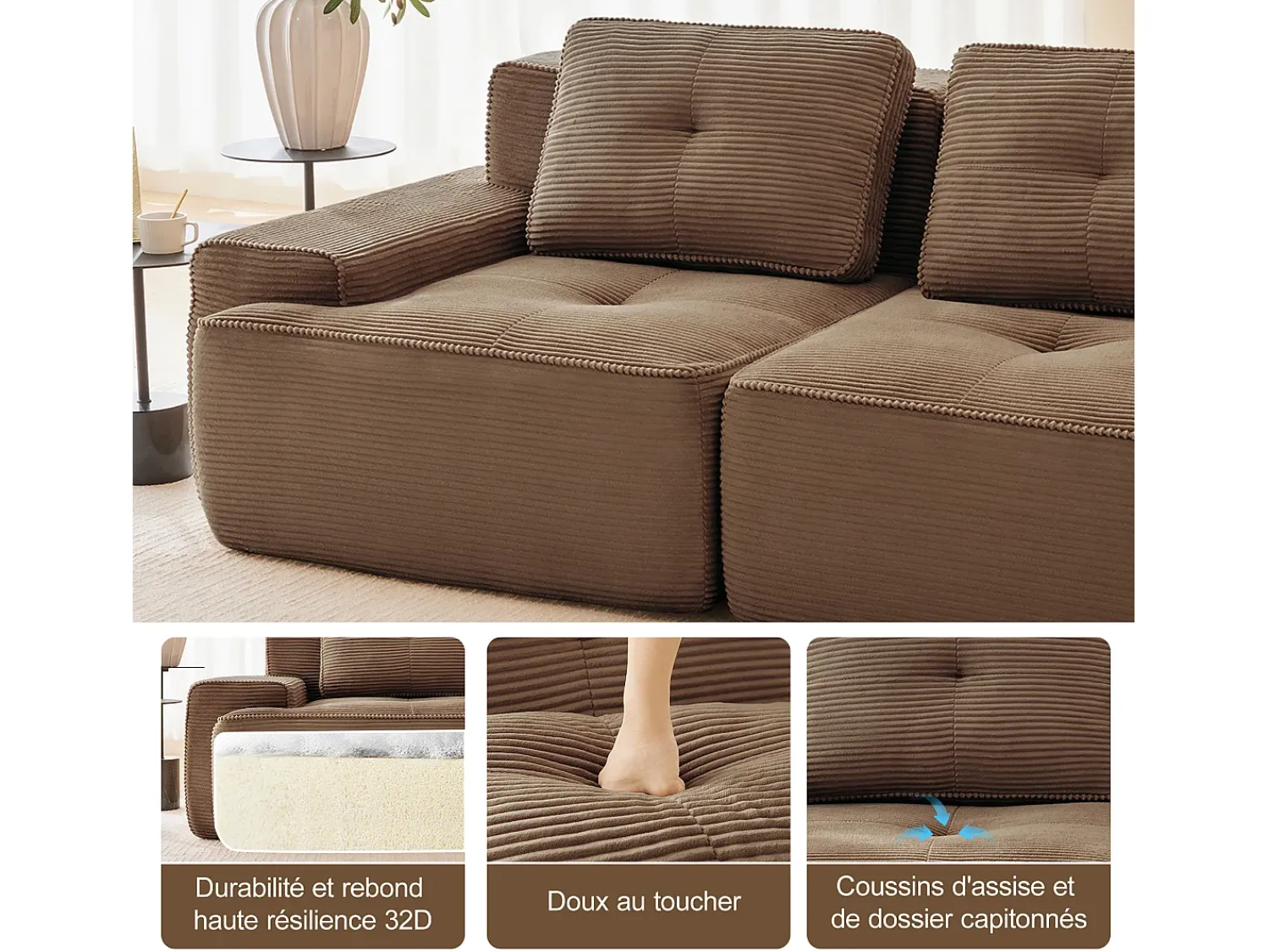 Hot DripeX Sofá 3 lugares Canto Modular em Veludo cotelê, com puff e 3 almofadas, 293x177x69cm, Marrom Castanho