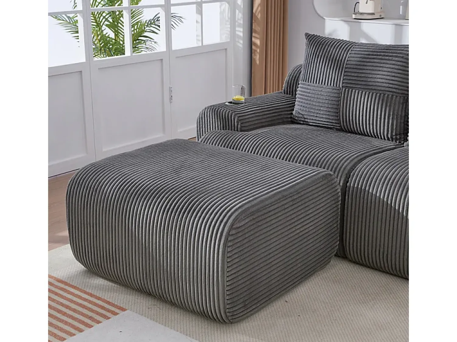 Sofá*DripeX Sofá 3 lugares canto modular veludo canelado, pufe, porta-copos e bolso, 268x174x80cm, Cinzento antracite Cinza antracite