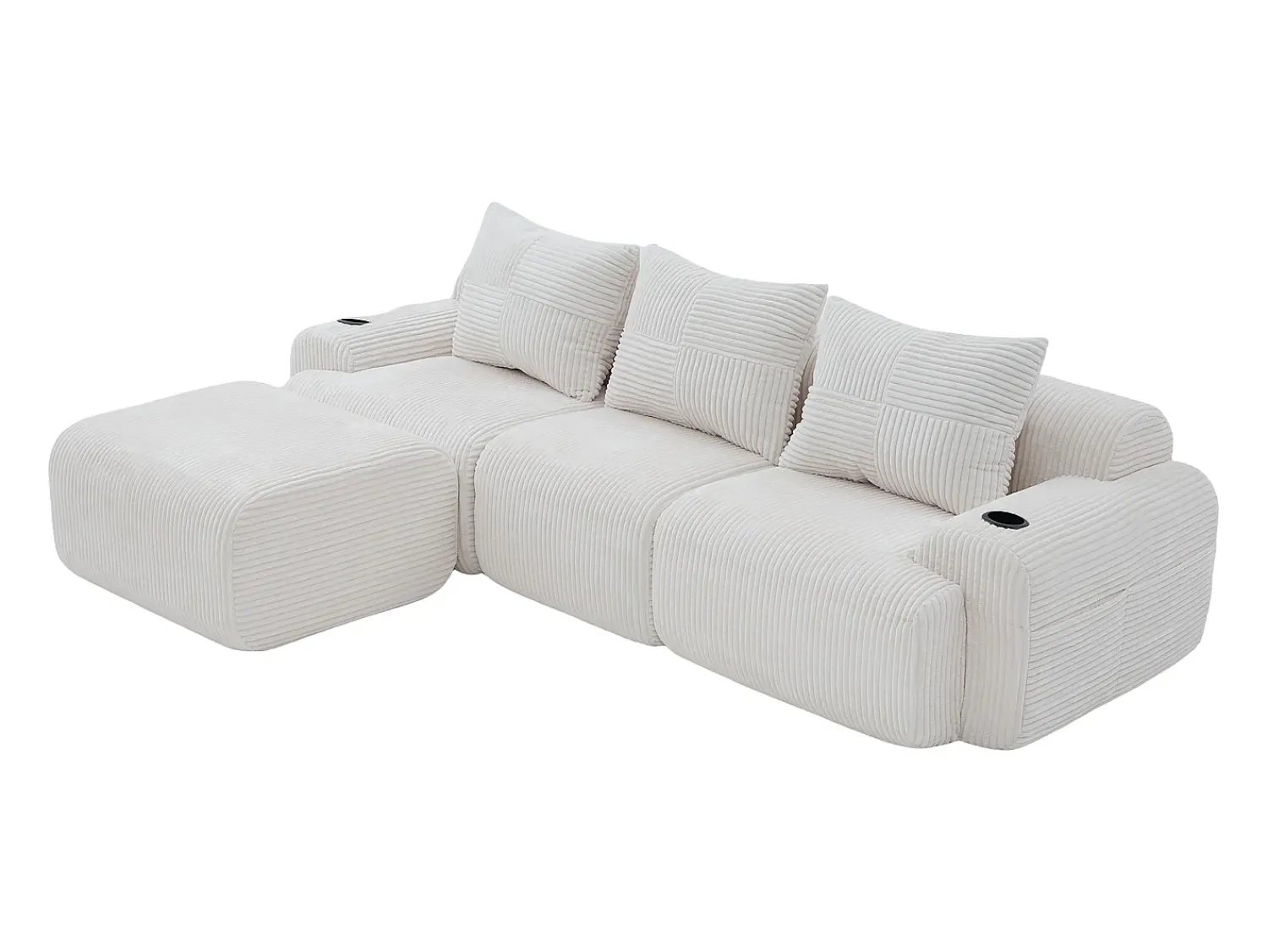 DripeX Sofá 3 lugares canto modular veludo canelado, pufe, porta-copos e bolso, 268x174x80cm,^ Sofá