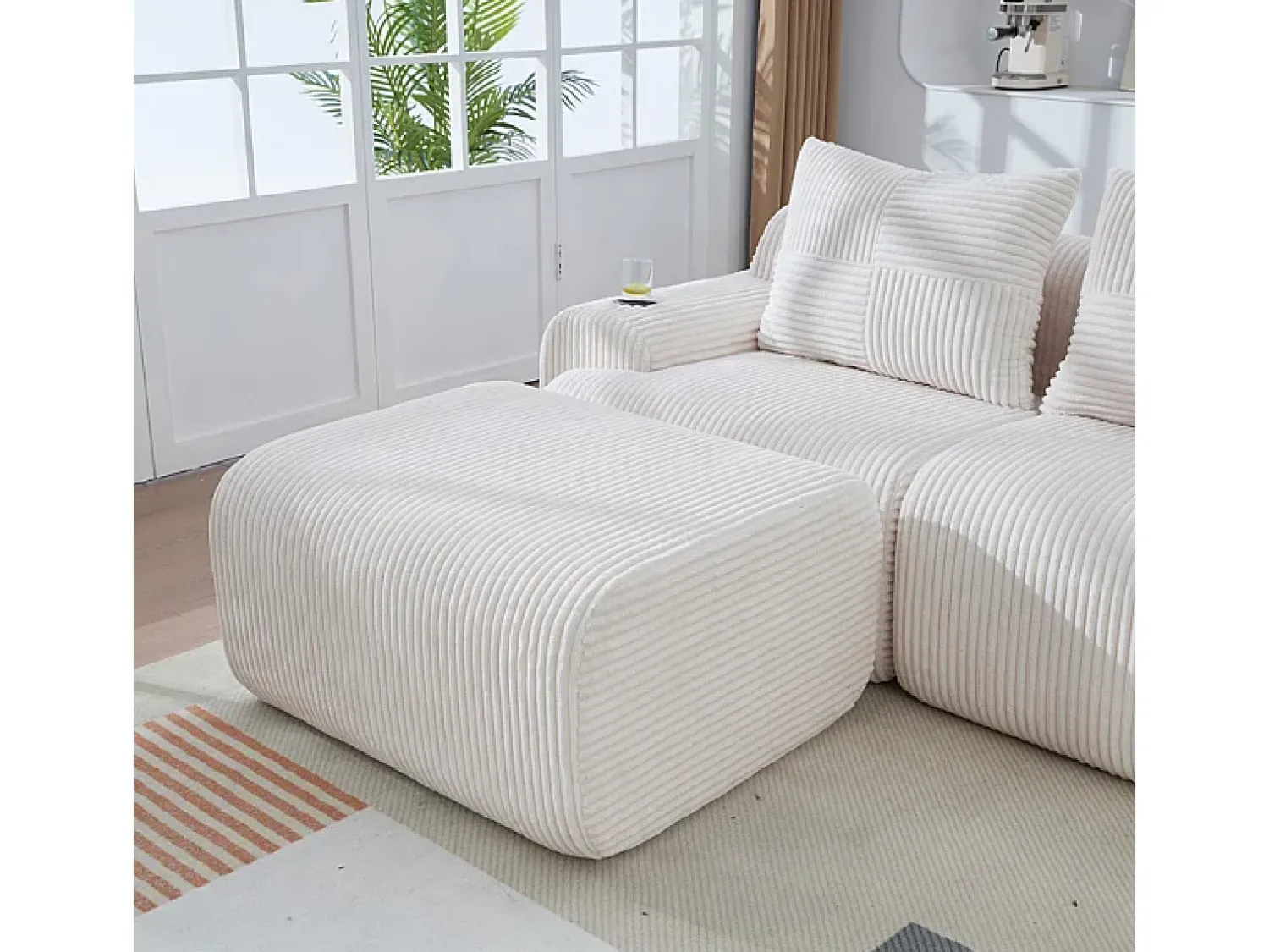 DripeX Sofá 3 lugares canto modular veludo canelado, pufe, porta-copos e bolso, 268x174x80cm,^ Sofá