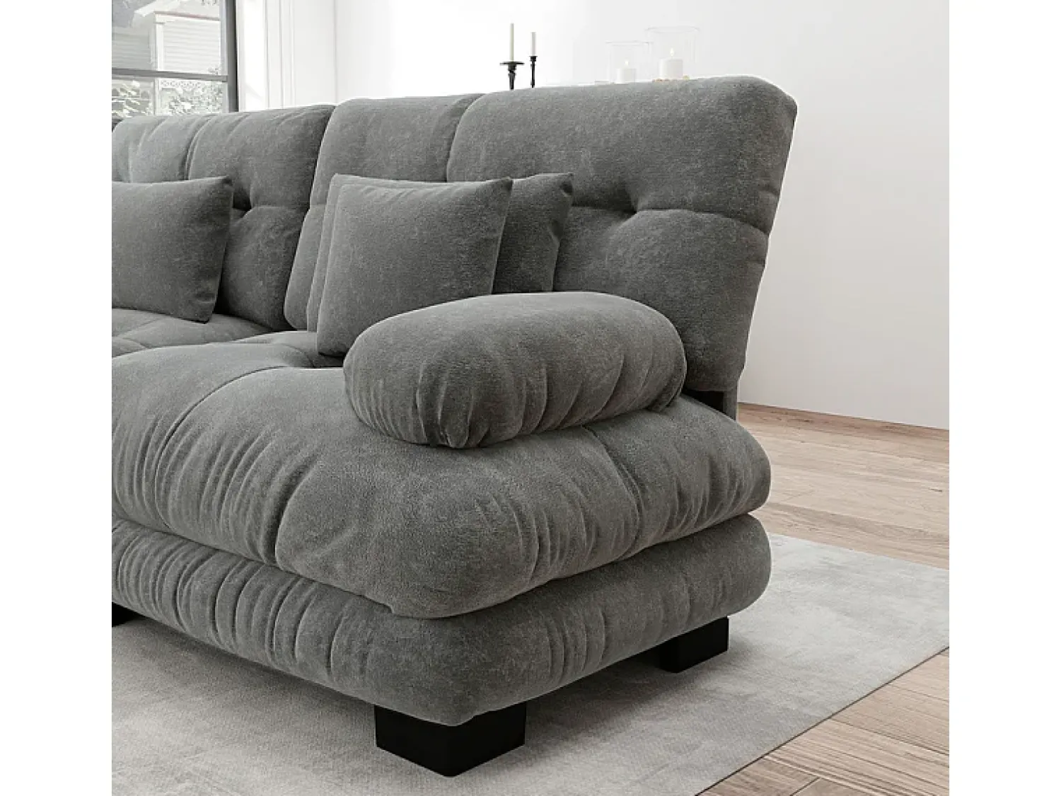 DripeX Sofá 2 lugares cinza - com 4 almofadas - estrutura madeira maciça + tecido pelúcia - 220x77x81cm^ Sofá