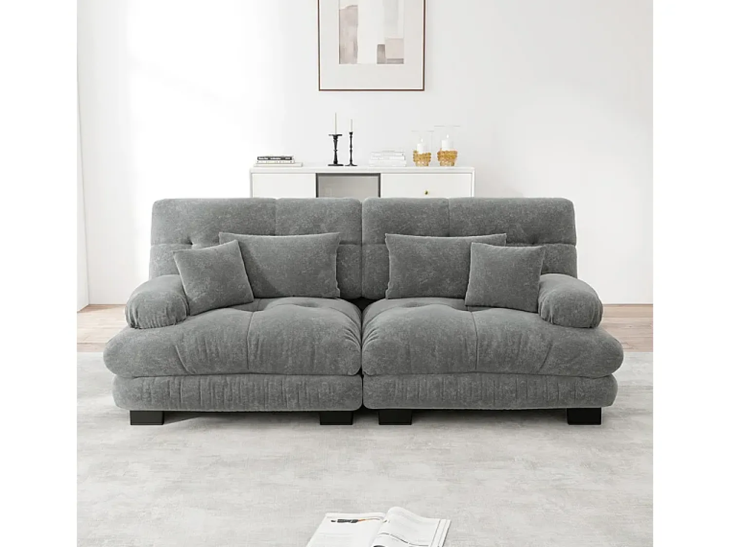 DripeX Sofá 2 lugares cinza - com 4 almofadas - estrutura madeira maciça + tecido pelúcia - 220x77x81cm^ Sofá