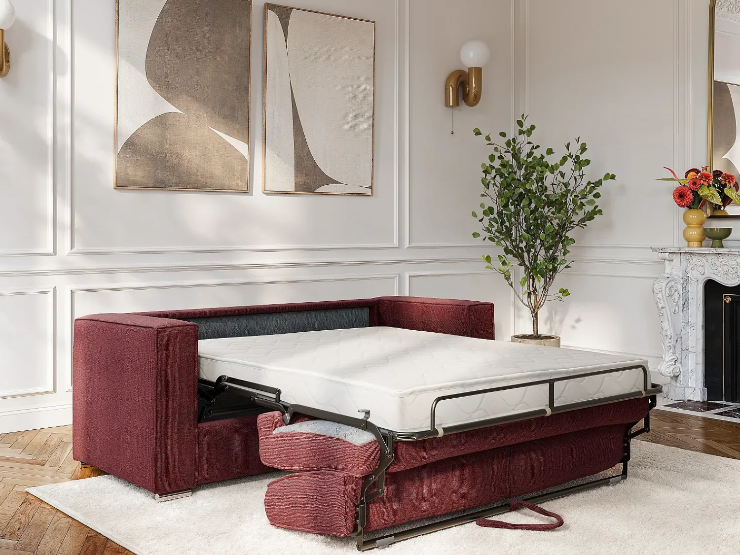 New Vente-unique Sofá 3 lugares conversível abertura rápida tecido chenille área de dormir 140cm - 14cm LORETO Bordeaux