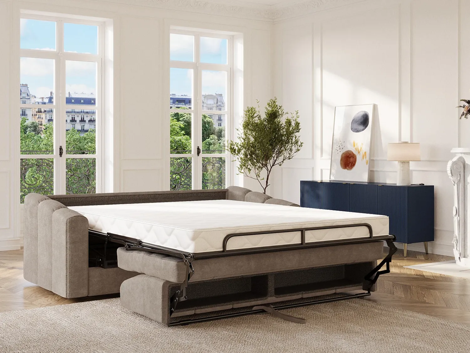 New Vente-unique Sofá 3 lugares convertível abertura rápida em tecido texturizado 140 cm Colchão 14 cm DARIELO Taupe