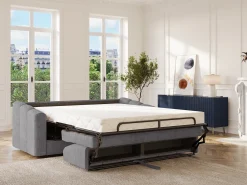 Sofá|Vente-unique Sofá 4 lugares convertível abertura rápida tecido ripas largas 160 cm Colchão 14 cm DARIELO Cinzento