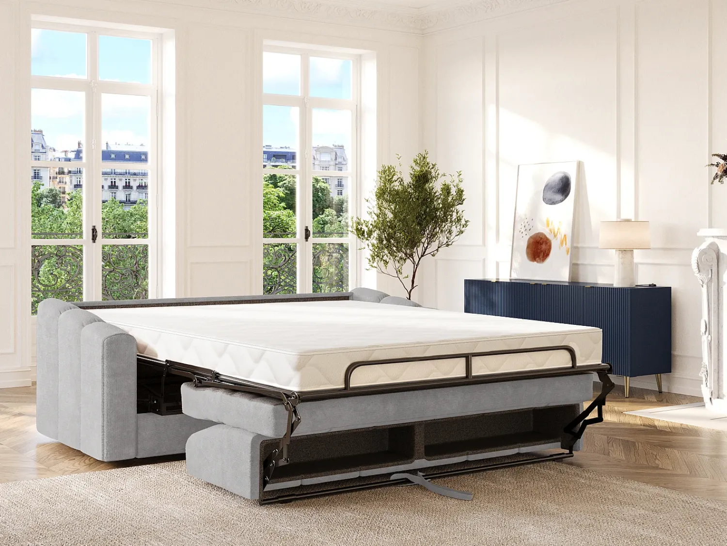 Clearance Vente-unique Sofá 4 lugares convertível abertura rápida tecido ripas largas 160 cm - 22 cm DARIELO Cinzento claro