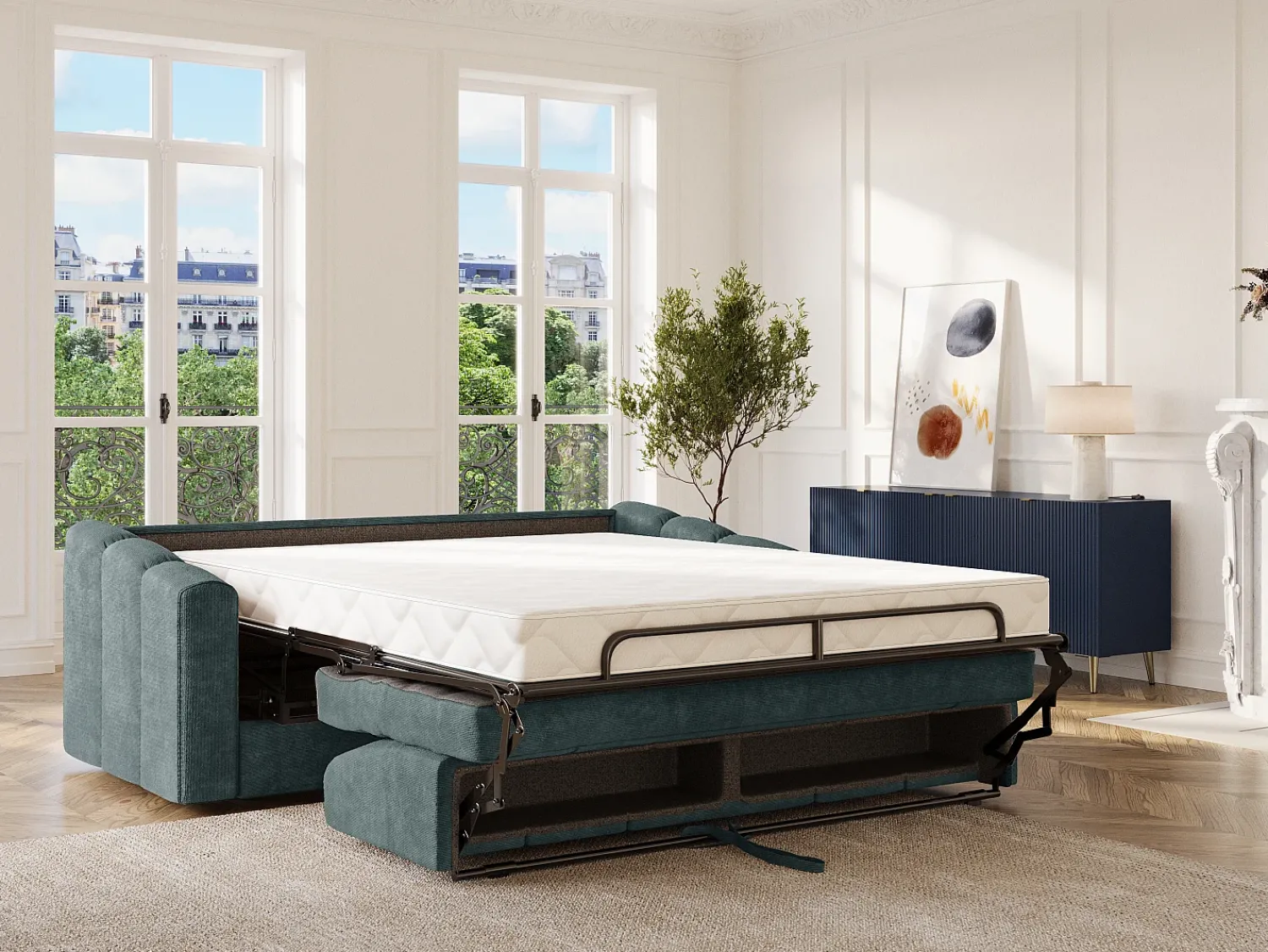 Online Vente-unique Sofá 3 lugares convertível abertura rápida tecido texturizado azul pato 140 cm Colchão 18 cm DARIELO Azul esverdeado