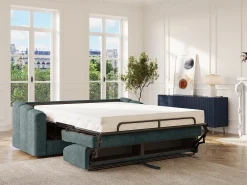 Vente-unique Sofá 3 lugares convertível abertura rápida tecido texturizado azul pato 140 cm Colchão 22 cm DARIELO^ Sofá