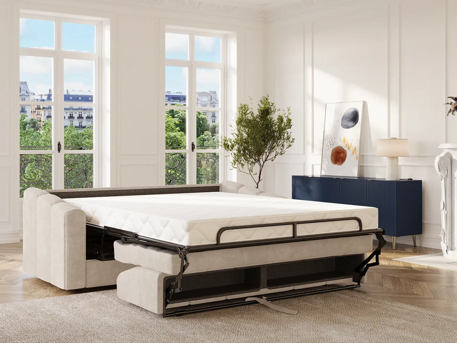Vente-unique Sofá 3 lugares convertível abertura rápida em tecido texturizado 140 cm Colchão 18 cm DARIELO^ Sofá