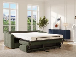 Sofá|Vente-unique Sofá 4 lugares convertível abertura rápida tecido verde ripas largas 160 cm - 14 cm DARIELO Caqui