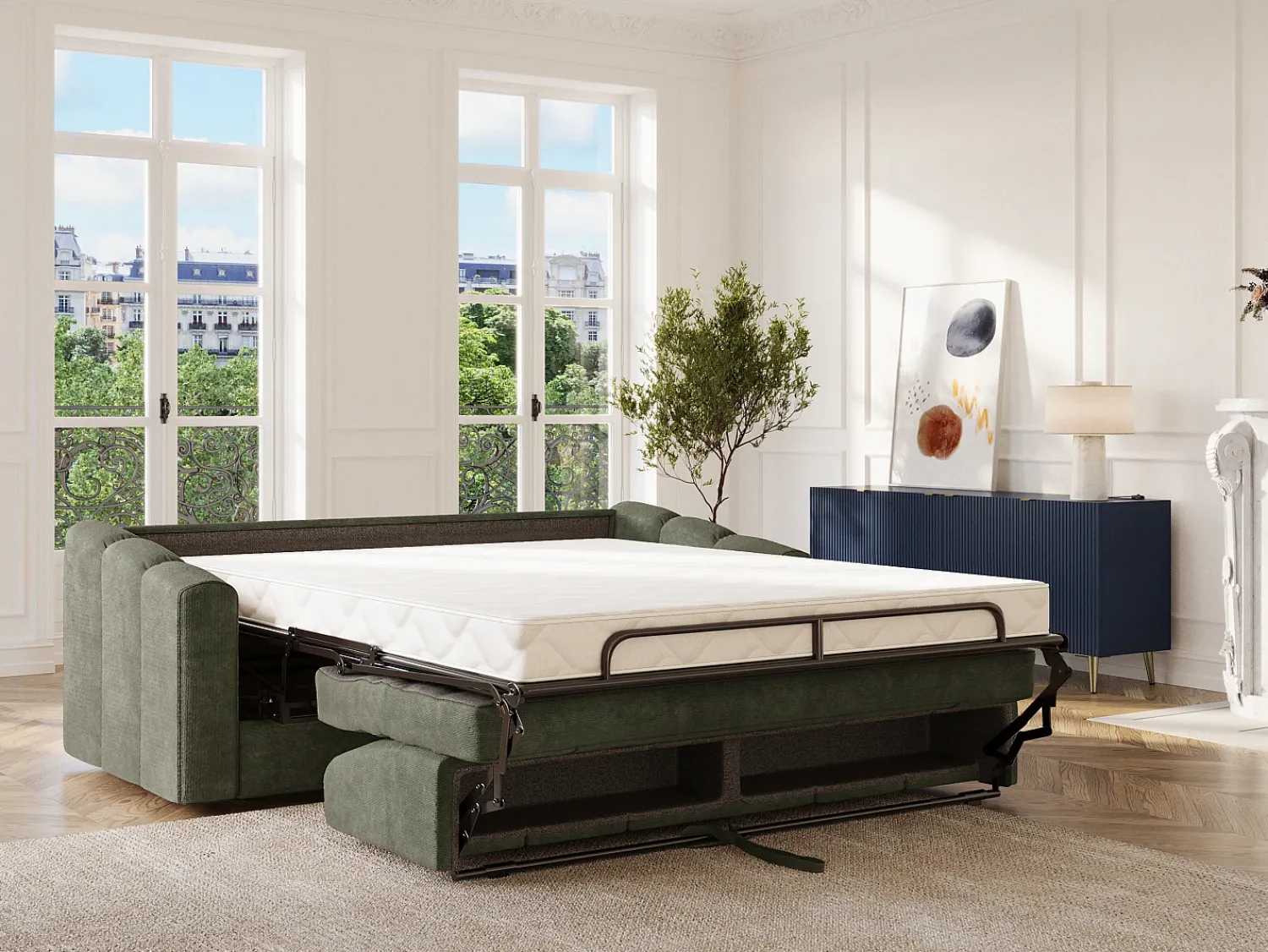 Sofá|Vente-unique Sofá 4 lugares convertível abertura rápida tecido verde ripas largas 160 cm - 14 cm DARIELO Caqui