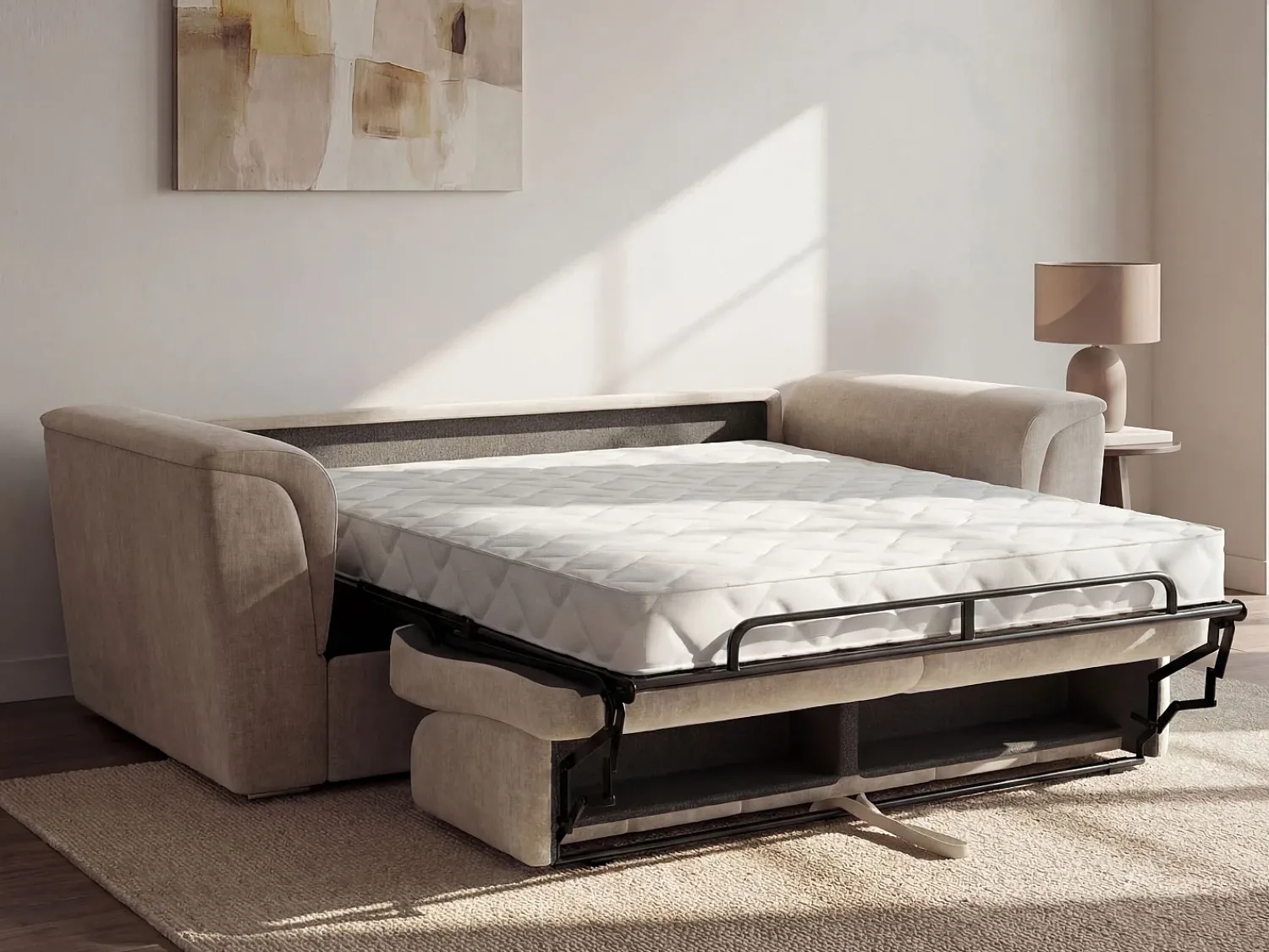 Vente-unique Sofá 3 lugares convertível abertura rápida tecido cama 140 cm e colchão 18 cm RIZORA^ Sofá