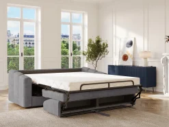 Sofá|Vente-unique Sofá 3 lugares convertível abertura rápida tecido ripas largas 140 cm Colchão 14 cm DARIELO Cinzento