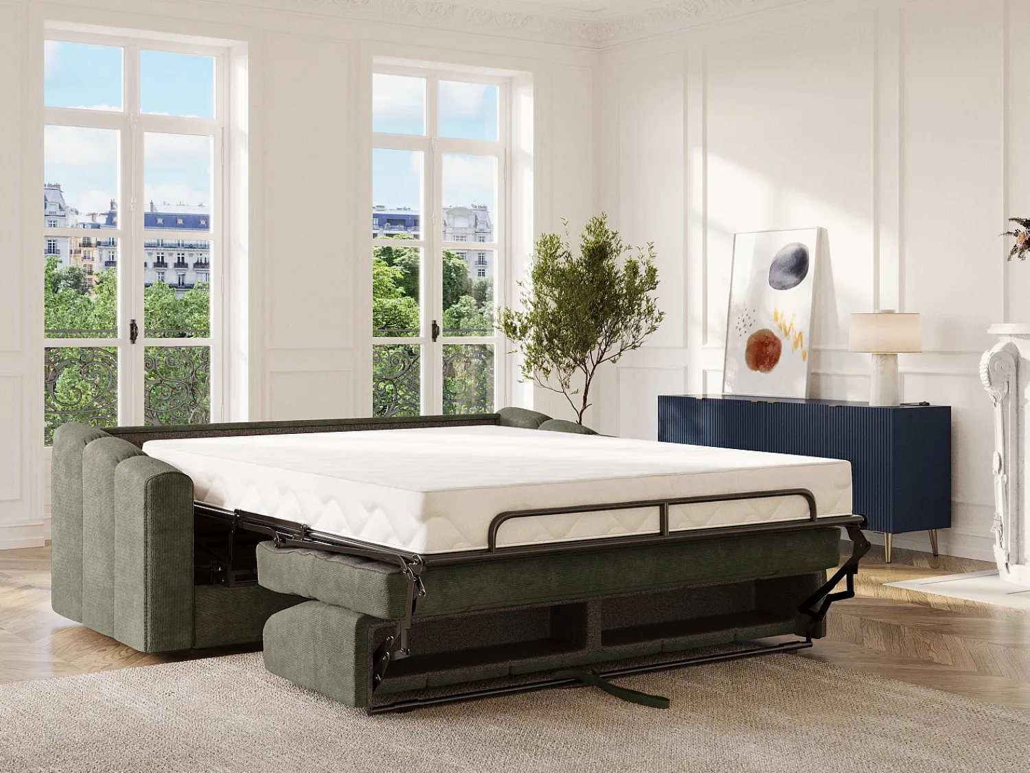 Sofá|Vente-unique Sofá 3 lugares convertível abertura rápida tecido texturizado verde 140 cm Colchão 22 cm DARIELO Caqui