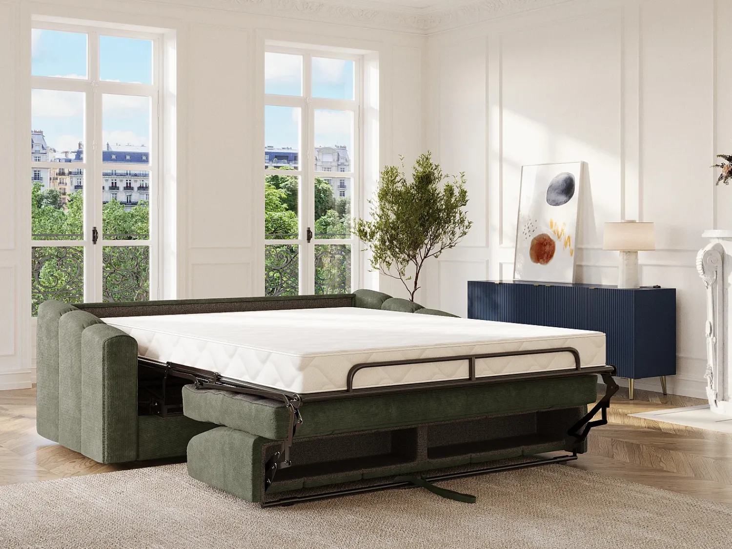 Sofá*Vente-unique Sofá 3 lugares convertível abertura rápida tecido texturizado verde 140 cm Colchão 18 cm DARIELO Caqui