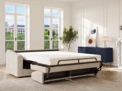 Sofá*Vente-unique Sofá 4 lugares convertível abertura rápida tecido ripas largas 160 cm Colchão 14 cm DARIELO Bege