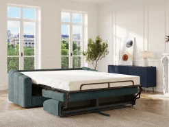 Vente-unique Sofá 4 lugares convertível abertura rápida tecido texturizado azul pato 160 cm Colchão 22 cm DARIELO^ Sofá