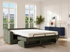 Sofá*Vente-unique Sofá 4 lugares convertível abertura rápida tecido verde ripas largas 160 cm - 18 cm DARIELO Caqui