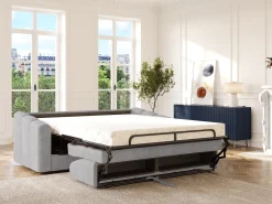Sofá*Vente-unique Sofá 3 lugares convertível abertura rápida tecido ripas largas 140 cm - 18 cm DARIELO Cinzento claro