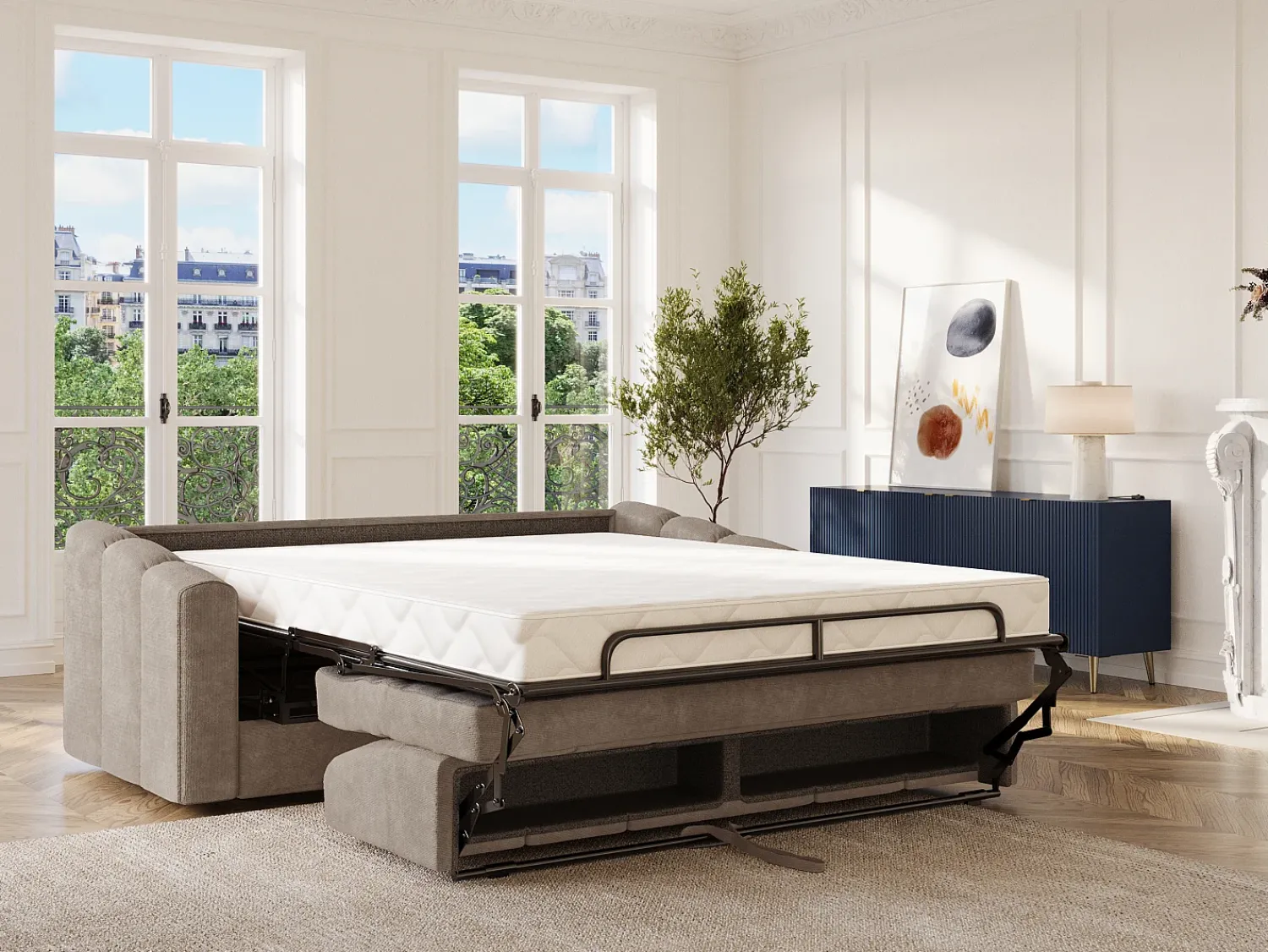 Vente-unique Sofá 4 lugares convertível abertura rápida em tecido texturizado 160 cm Colchão 18 cm DARIELO^ Sofá