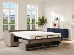 Sofá|Vente-unique Sofá 4 lugares convertível abertura rápida tecido ripas largas 160 cm Colchão 18 cm DARIELO Taupe