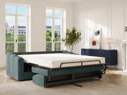 Outlet Vente-unique Sofá 4 lugares convertível abertura rápida tecido azul ripas largas 160 cm Colchão 18 cm DARIELO Azul esverdeado
