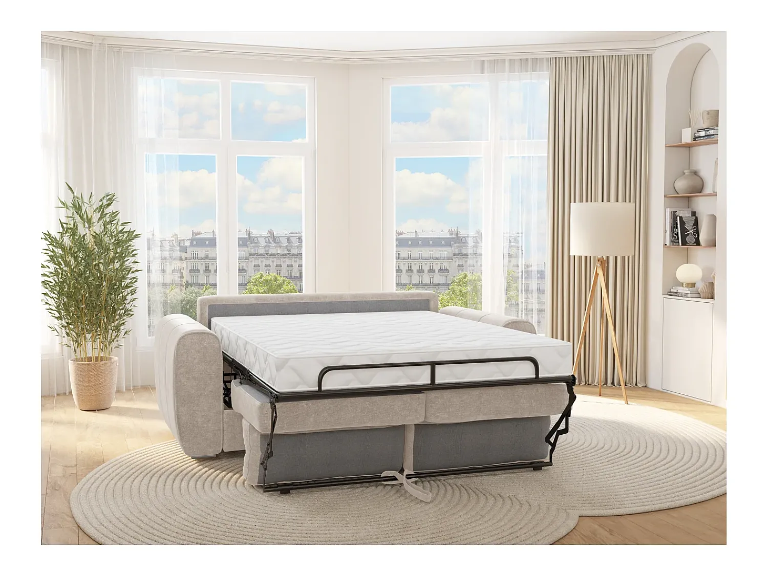 Sofá*Vente-unique Sofá 4 lugares convertível abertura rápida tecido , cama 160 cm e colchão 14 cm BOLIPO Bege