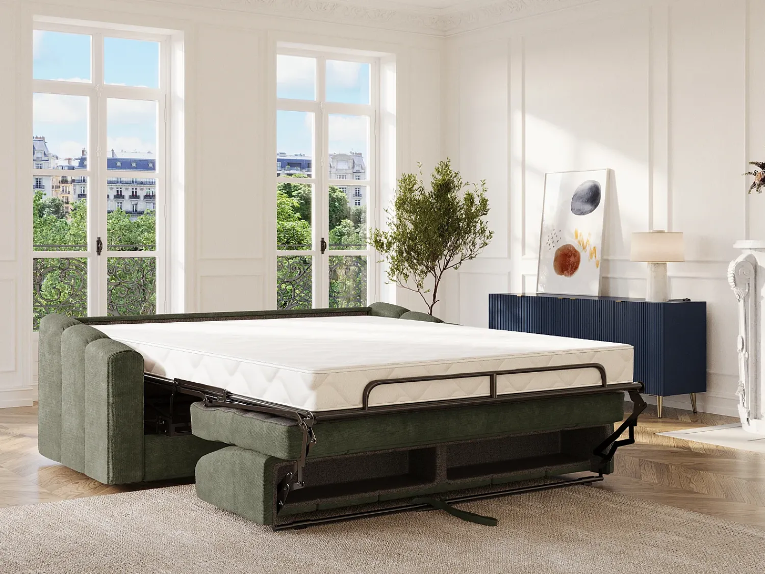 Sofá*Vente-unique Sofá 4 lugares convertível abertura rápida tecido texturizado verde 160 cm Colchão 22 cm DARIELO Caqui
