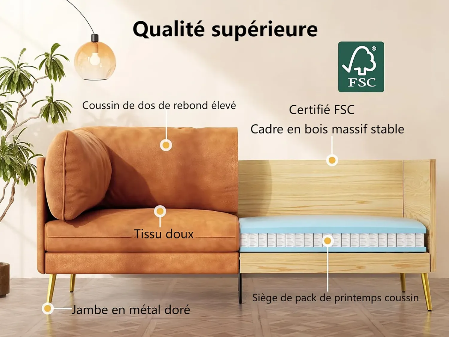New DripeX Sofá 2/3 lugares em couro sintético, com almofadas de assento profundas e confortáveis de 56 cm, 185x76x90 cm, laranja Cor de laranja