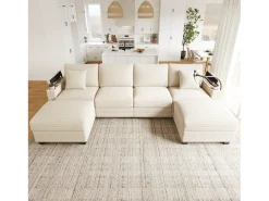ModernLuxe Sofá 4 lugares em forma de U - Veludo canelado - Equipado con suporte para telefone e porta de carregamento USB -^ Sofá