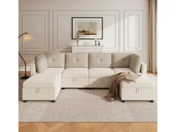 Sofá*ModernLuxe Sofá 6 lugares em forma de U - con armazenamento - conversível multifuncional - veludo + veludo canelado - Bege