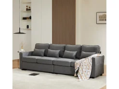 Sofá 4 lugares em linho com braços e 4 almofadas. Design simples para sala, apartamento ou escritório. 3 cores disponíveis.^ Sofá