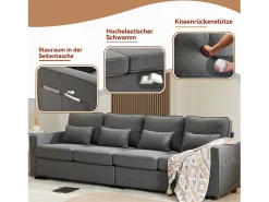 Sofá 4 lugares em linho com braços e 4 almofadas. Design simples para sala, apartamento ou escritório. 3 cores disponíveis.^ Sofá