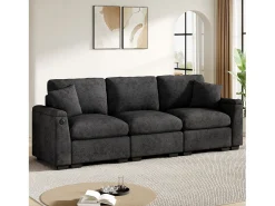 Sofá|ModernLuxe Sofá 3 lugares moderno - con almofadas e mesa dobrável - inclui portas USB e porta-copos - tecido de chenille - cinza Cinzento